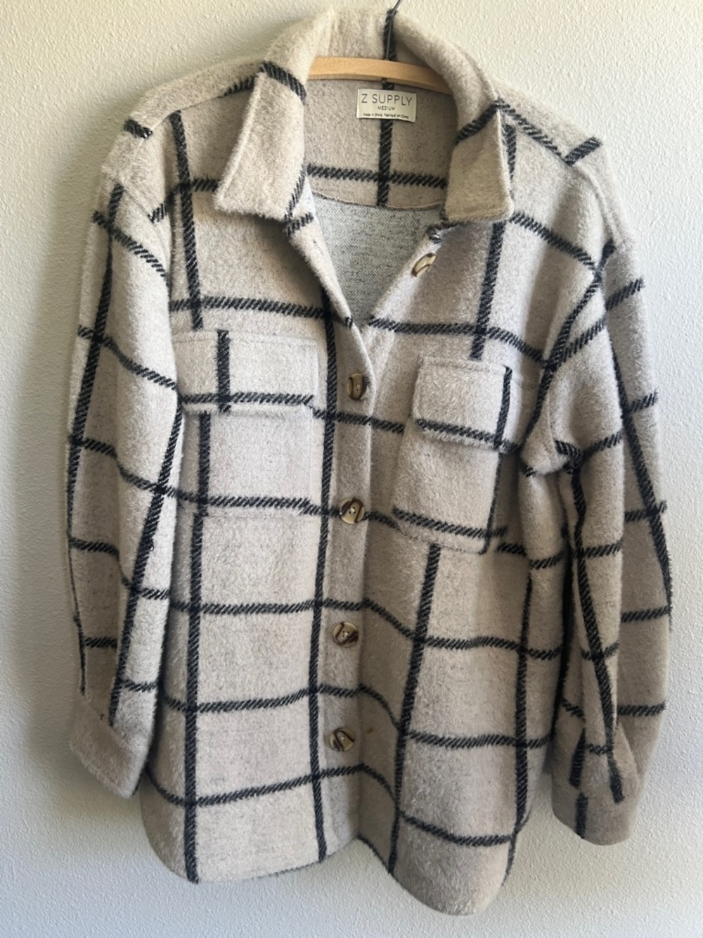 Z Supply Beige and Black Windowpane Button Jacket
